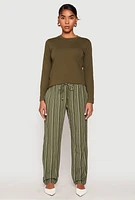 Womens Drawstring Striped Dress Pants, Green, Size M