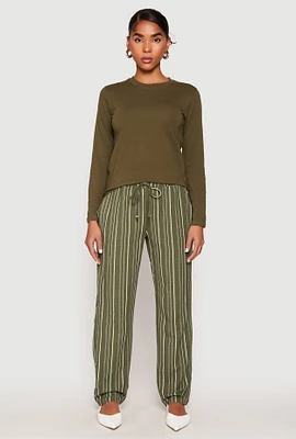 Womens Drawstring Striped Dress Pants, Green,