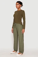 Womens Drawstring Striped Dress Pants, Green, Size M