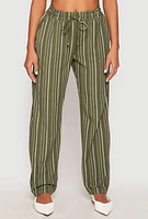 Womens Drawstring Striped Dress Pants, Green, Size M