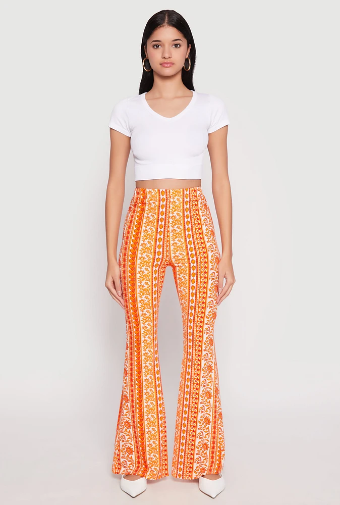 Womens Boho Print Flare Pants, Orange, Size XL