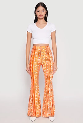 Womens Boho Print Flare Pants, Orange, Size XL