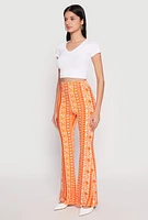 Womens Boho Print Flare Pants, Orange, Size XL