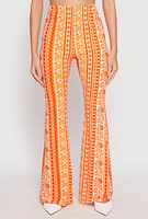 Womens Boho Print Flare Pants, Orange, Size XL