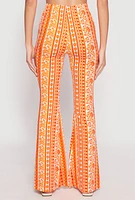 Womens Boho Print Flare Pants, Orange, Size XL