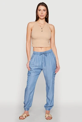 Womens Chambray Cargo Joggers, Blue,