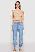 Womens Chambray Cargo Joggers, Blue,