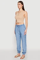 Womens Chambray Cargo Joggers, Blue,