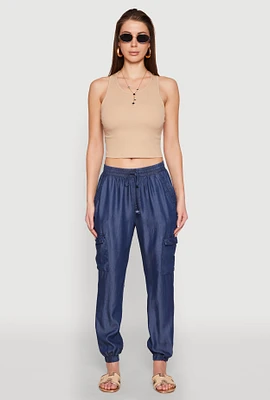 Womens Chambray Cargo Joggers, Blue, Size S