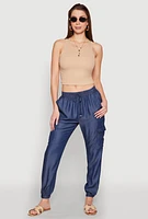 Womens Chambray Cargo Joggers, Blue, Size S