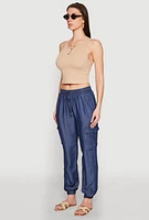 Womens Chambray Cargo Joggers, Blue, Size S