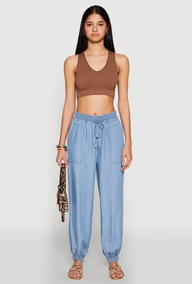 Womens Chambray Smocked Hem Joggers, Blue,