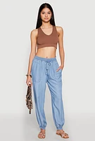 Womens Chambray Smocked Hem Joggers, Blue,