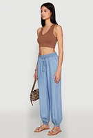 Womens Chambray Smocked Hem Joggers, Blue,