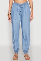 Womens Chambray Smocked Hem Joggers, Blue,