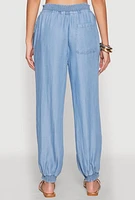 Womens Chambray Smocked Hem Joggers, Blue,