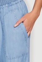 Womens Chambray Smocked Hem Joggers, Blue,