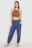 Womens Chambray Smocked Hem Joggers, Blue,