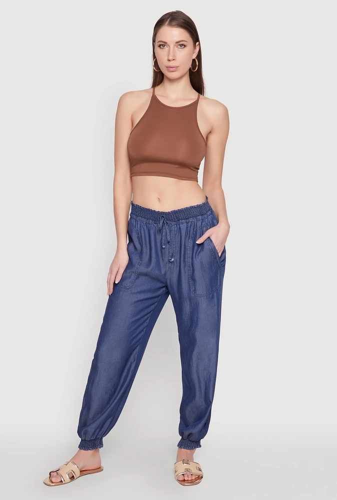 Womens Chambray Smocked Hem Joggers, Blue, Size S