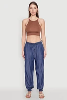 Womens Chambray Smocked Hem Joggers, Blue,