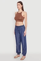 Womens Chambray Smocked Hem Joggers, Blue,