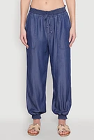 Womens Chambray Smocked Hem Joggers, Blue, Size S