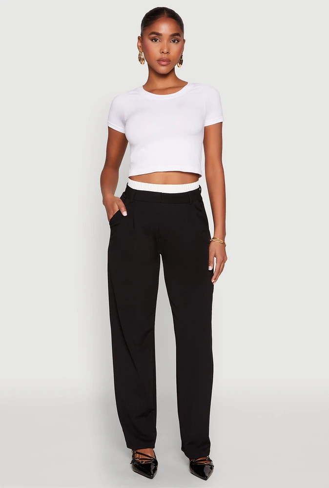 Womens Contrast Waistband Wide Leg Dress Pants, Black, Size L