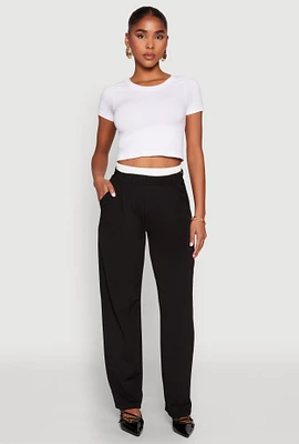 Womens Contrast Waistband Wide Leg Dress Pants, Black, Size L