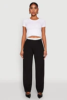 Womens Contrast Waistband Wide Leg Dress Pants, Black, Size L
