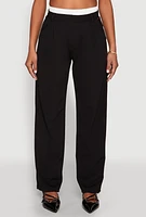 Womens Contrast Waistband Wide Leg Dress Pants, Black, Size L