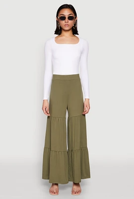 Womens High Waisted Tiered Palazzo Pants, Green, Size M