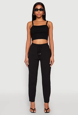 Womens Airy Drawstring Waist Pintuck Pants, Black,