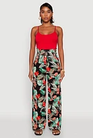 Womens Tropical Leaf Print Palazzo Pants, Multi, Size S