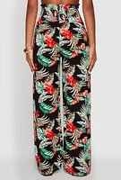 Womens Tropical Leaf Print Palazzo Pants, Multi, Size S