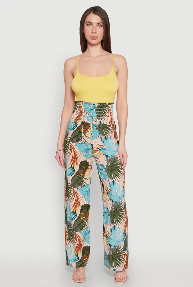 Womens Tropical Leaf Print Palazzo Pants, Multi, Size M