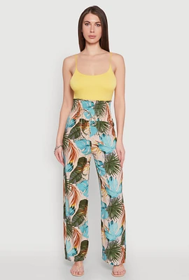 Womens Tropical Leaf Print Palazzo Pants, Multi, Size M