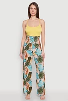 Womens Tropical Leaf Print Palazzo Pants, Multi, Size M