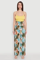 Womens Tropical Leaf Print Palazzo Pants, Multi, Size M