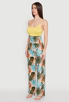 Womens Tropical Leaf Print Palazzo Pants, Multi, Size M