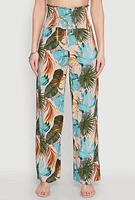 Womens Tropical Leaf Print Palazzo Pants, Multi, Size XL