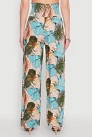 Womens Tropical Leaf Print Palazzo Pants, Multi, Size M