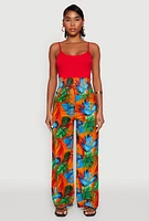 Womens Tropical Leaf Print Palazzo Pants, Multi,