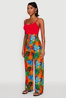 Womens Tropical Leaf Print Palazzo Pants, Multi,