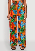 Womens Tropical Leaf Print Palazzo Pants, Multi,