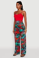 Womens Tropical Leaf Print Palazzo Pants, Multi,
