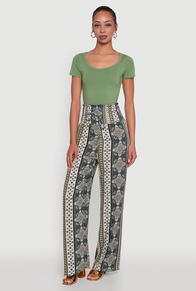 Womens Boho Border Print High Waisted Wide Leg Pants,