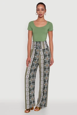 Womens Boho Border Print High Waisted Wide Leg Pants,