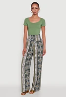 Womens Boho Border Print High Waisted Wide Leg Pants,