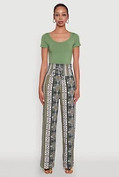 Womens Boho Border Print High Waisted Wide Leg Pants,
