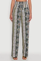Womens Boho Border Print High Waisted Wide Leg Pants,
